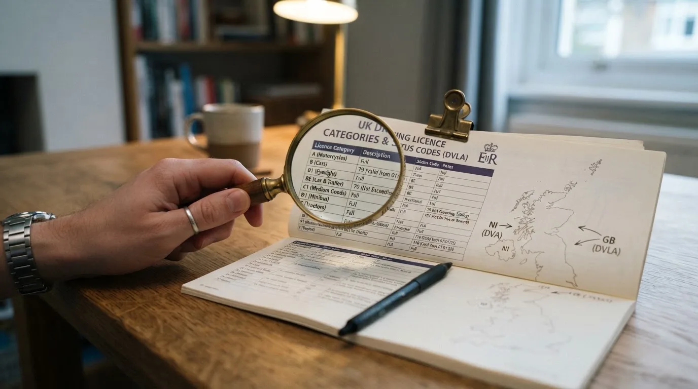 A magnifying glass held over a printed gambling licence certificate on a desk, with a UK map faintly visible in the background