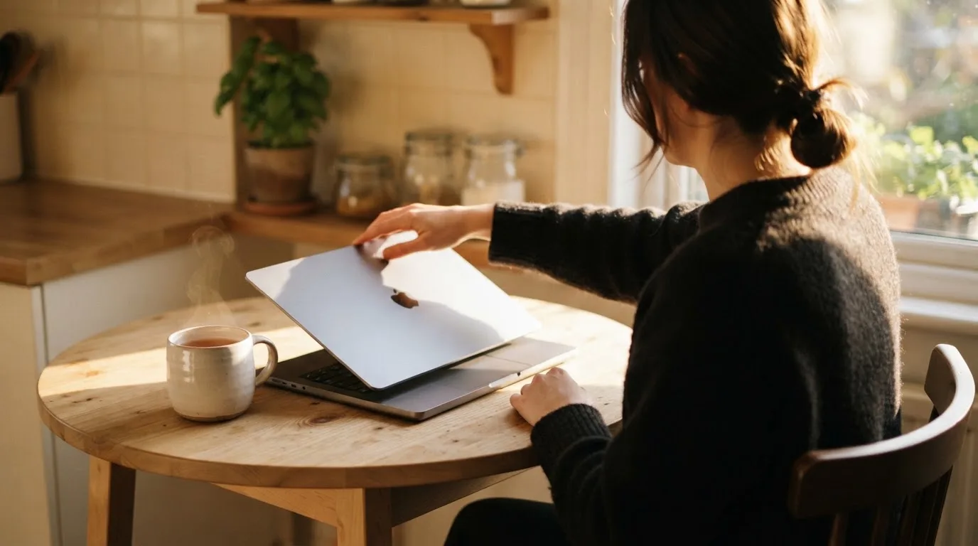 A person closing a laptop beside a cup of tea