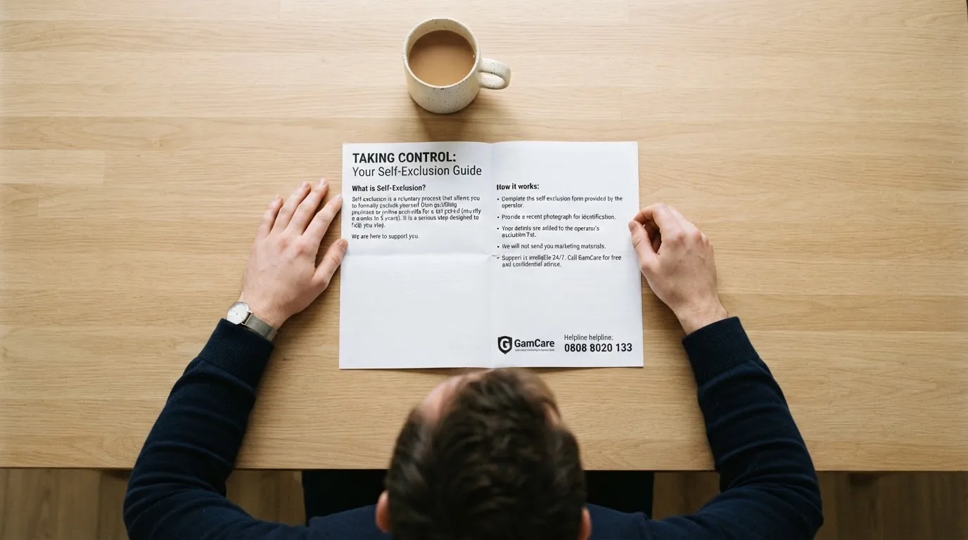 A person reading a self-exclusion leaflet at a kitchen table