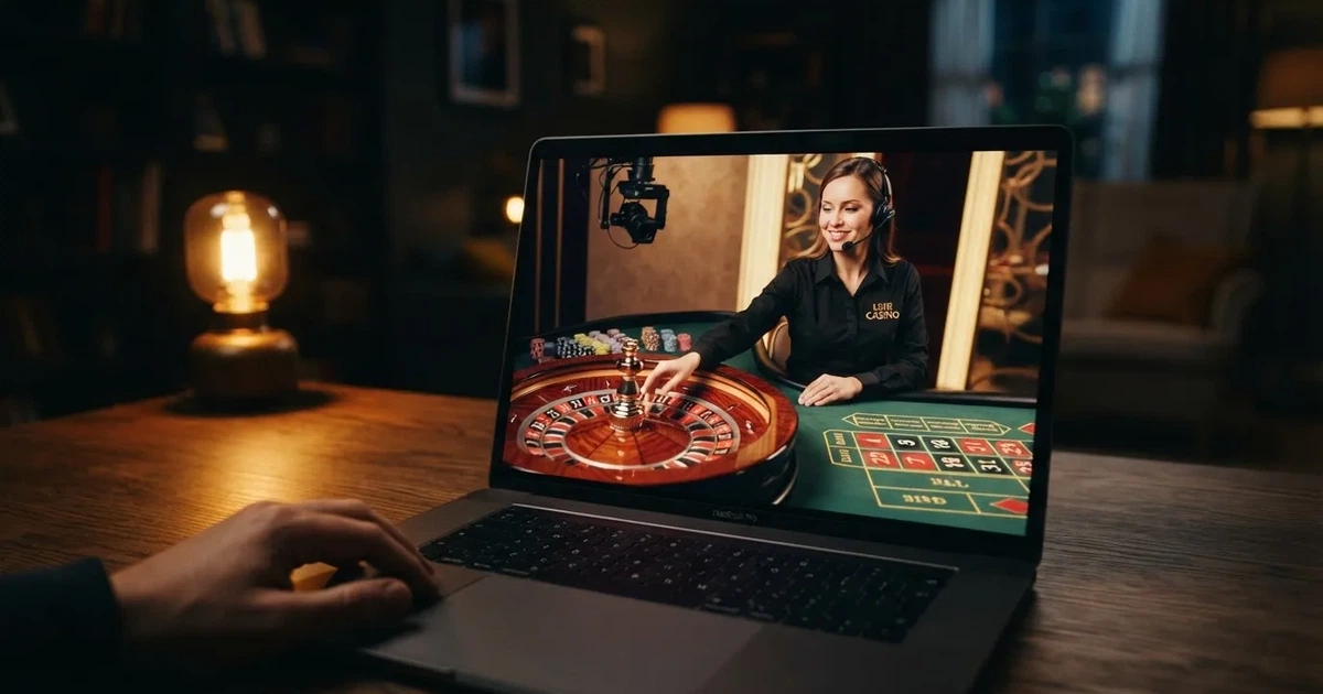 A live dealer roulette wheel streamed to a laptop screen