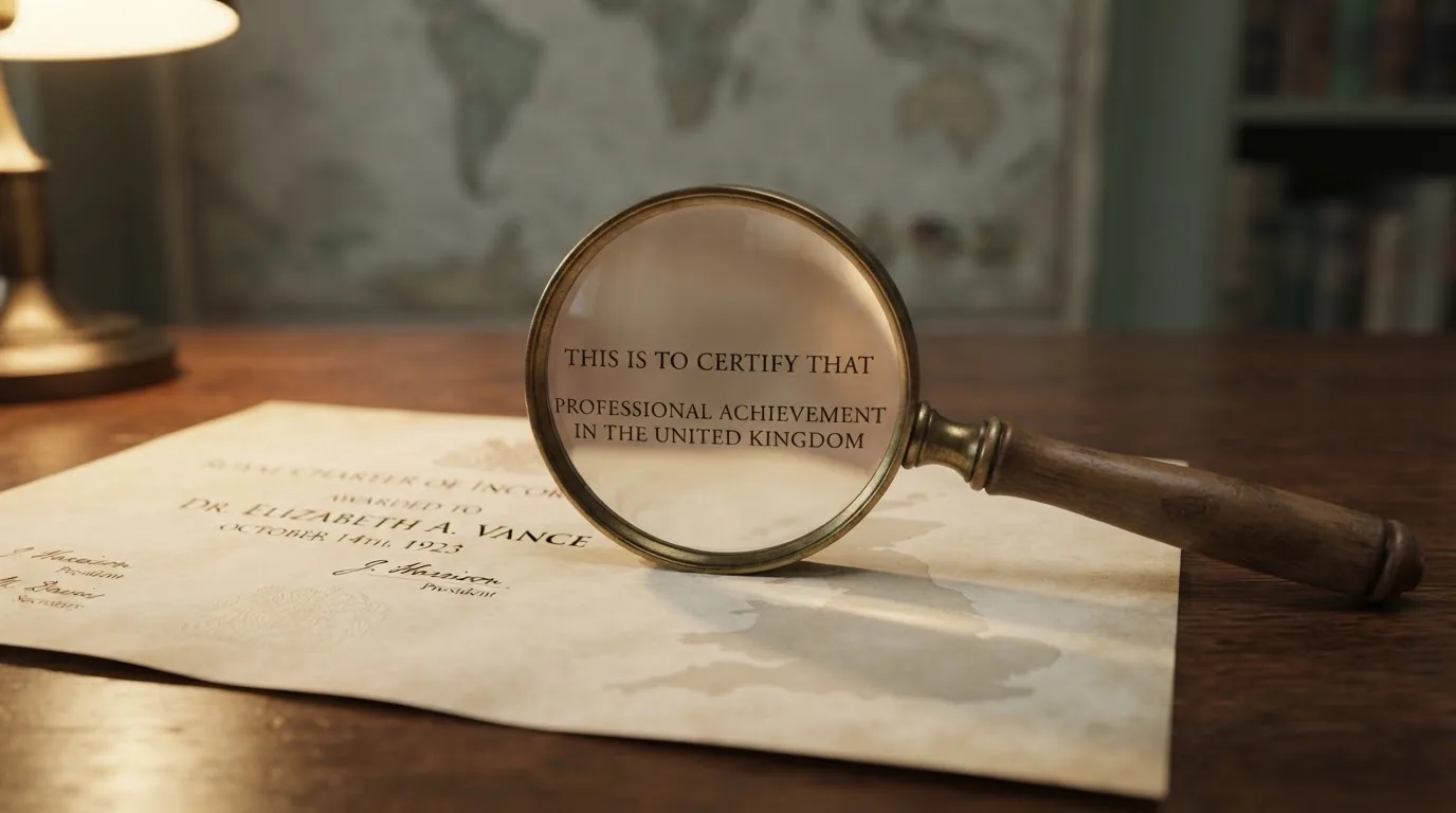 A magnifying glass held over a printed gambling licence certificate on a desk, with a UK map faintly visible in the background