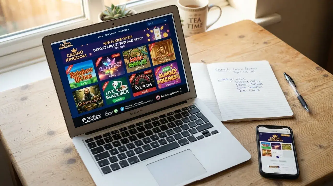 A laptop on a home desk showing a UK online casino comparison page open beside a notepad, with a mobile phone resting on a desk next to a casino app icon screen visible in a browser tab list
