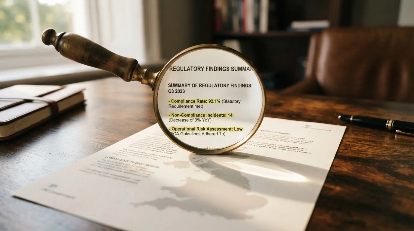 A magnifying glass held over a printed gambling licence certificate on a desk, with a UK map faintly visible in the background