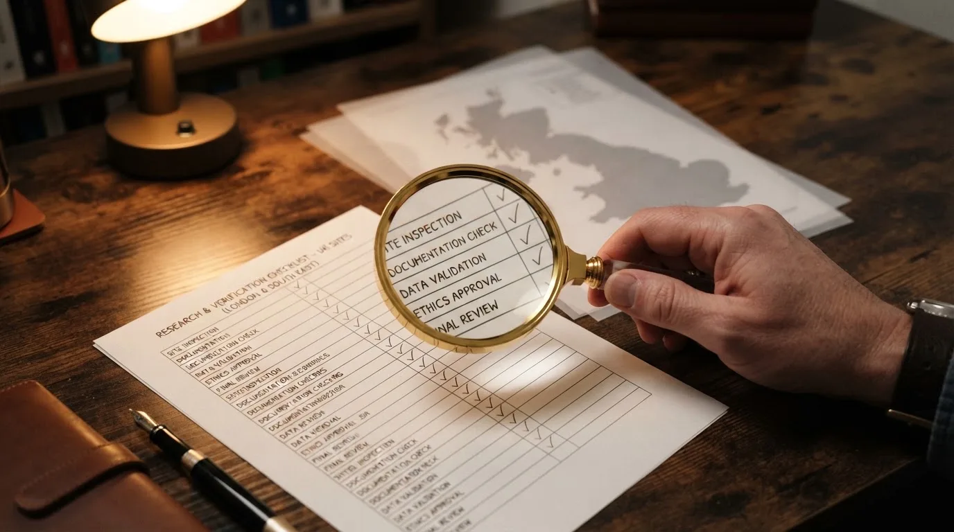 A magnifying glass held over a printed gambling licence certificate on a desk, with a UK map faintly visible in the background