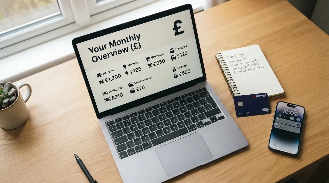 A laptop on a home desk showing a UK online casino comparison page open beside a notepad, with a desk with a debit card, a phone and a laptop showing a deposit form visible in a browser tab list