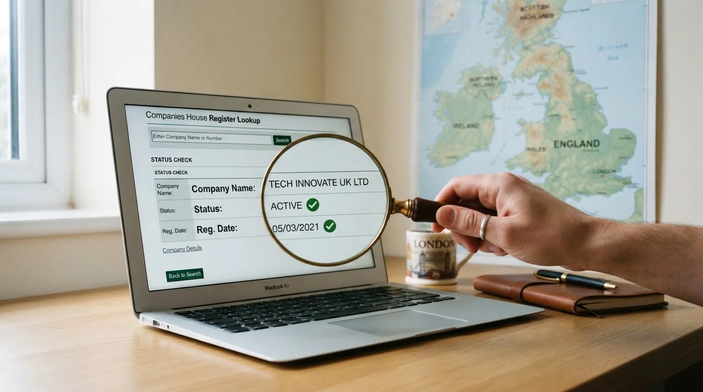 A magnifying glass held over a printed gambling licence certificate on a desk, with a UK map faintly visible in the background