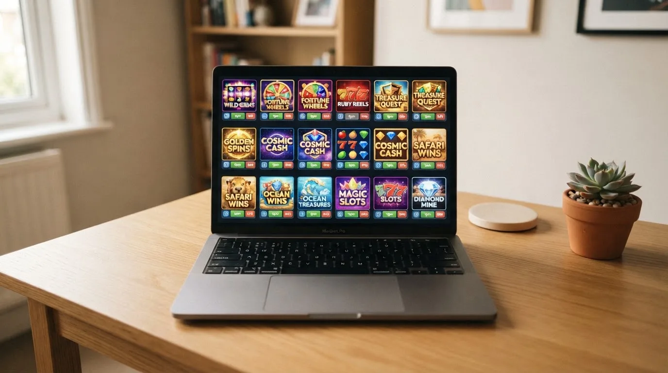 A laptop on a desk displaying a grid of slot game thumbnails in a casino lobby.