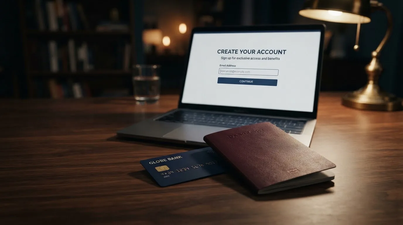 A UK passport and a bank card resting beside a laptop showing an account sign-up screen.