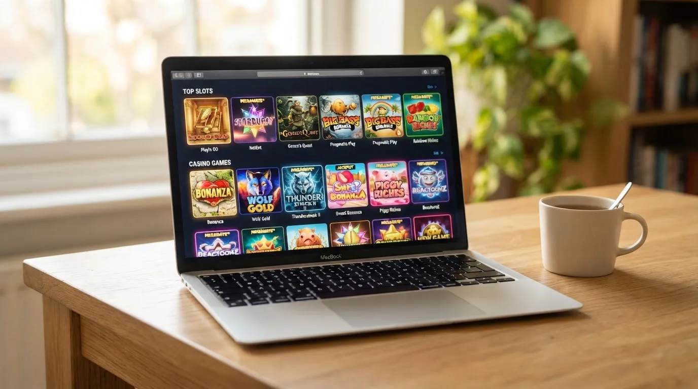 A laptop on a desk displaying a grid of slot game thumbnails in a casino lobby.