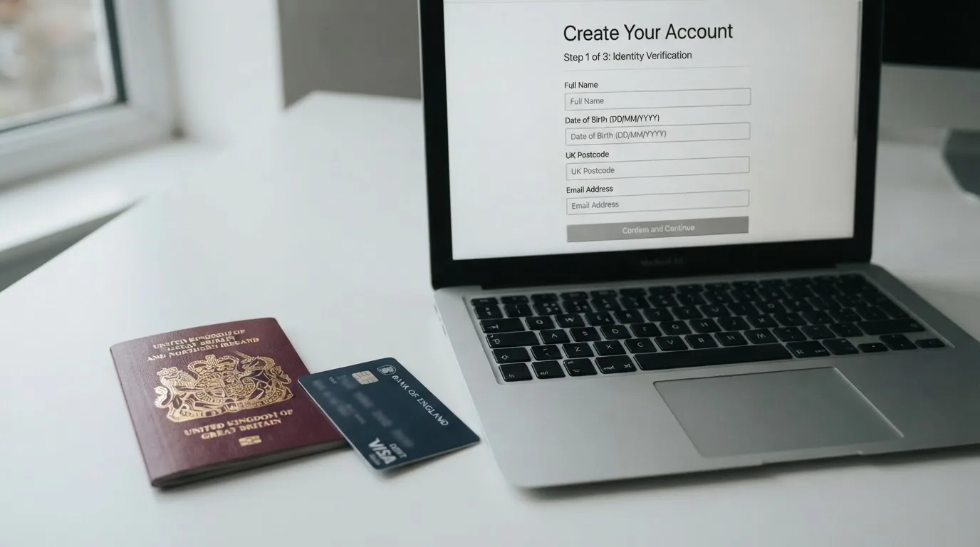 A UK passport and a bank card resting beside a laptop showing an account sign-up screen.