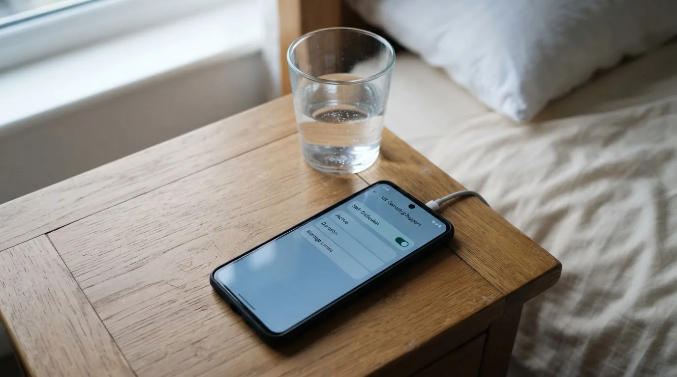 A phone displaying a self-exclusion settings screen next to a glass of water on a bedside table.