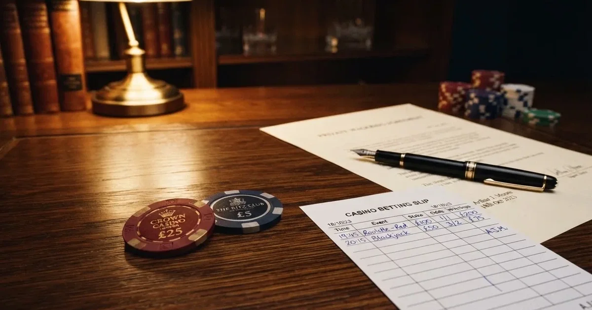 A pair of casino chips and a betting slip arranged beside a printed licence certificate on a desk.