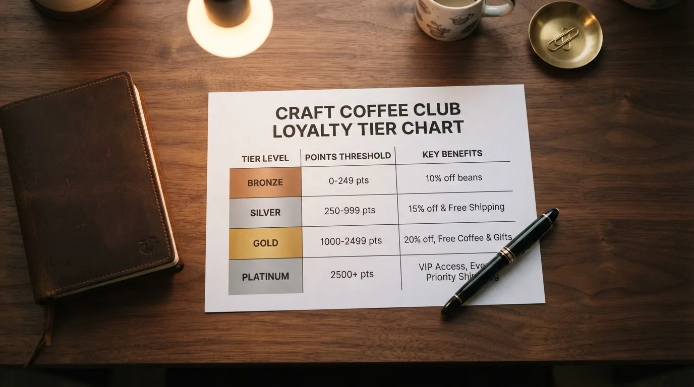 A desk with a printed loyalty-tier chart, a fountain pen, and a closed leather notebook.