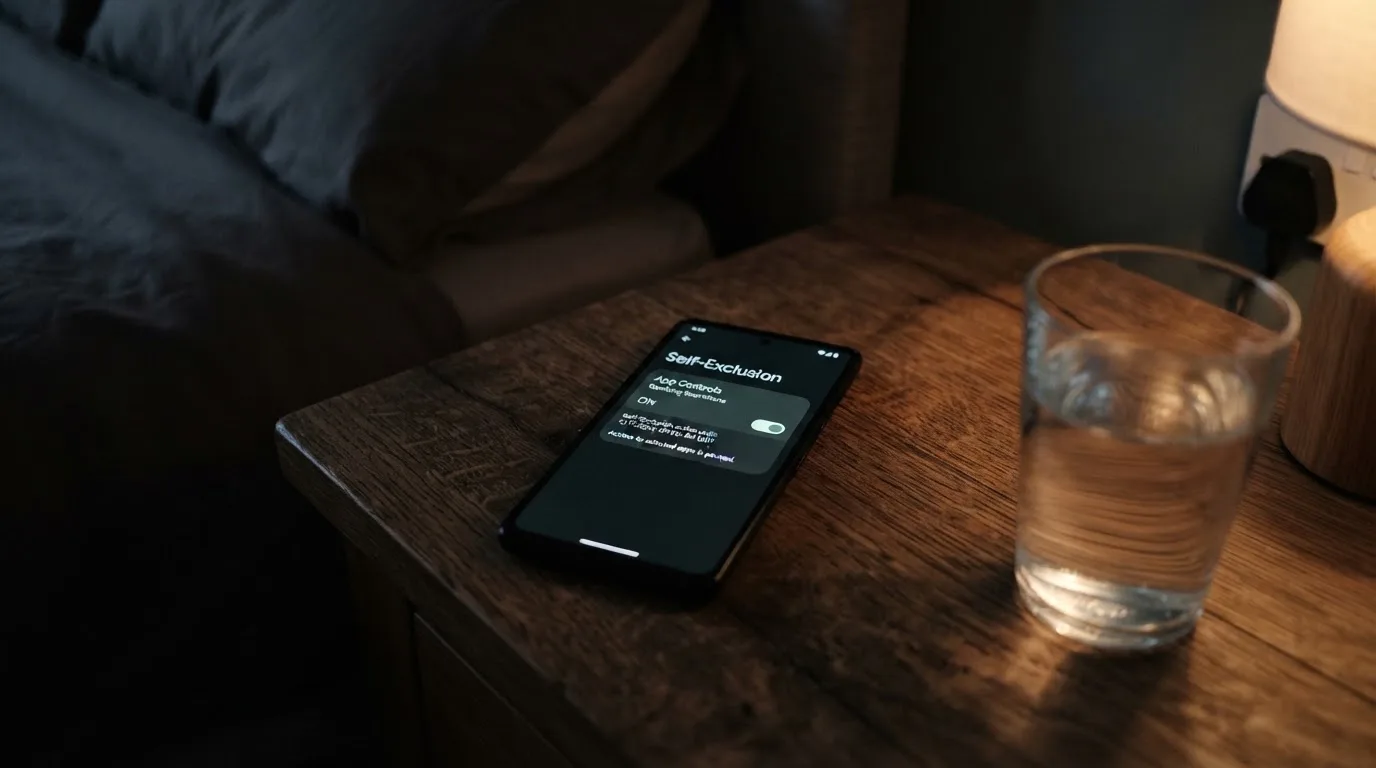 A phone displaying a self-exclusion settings screen next to a glass of water on a bedside table.