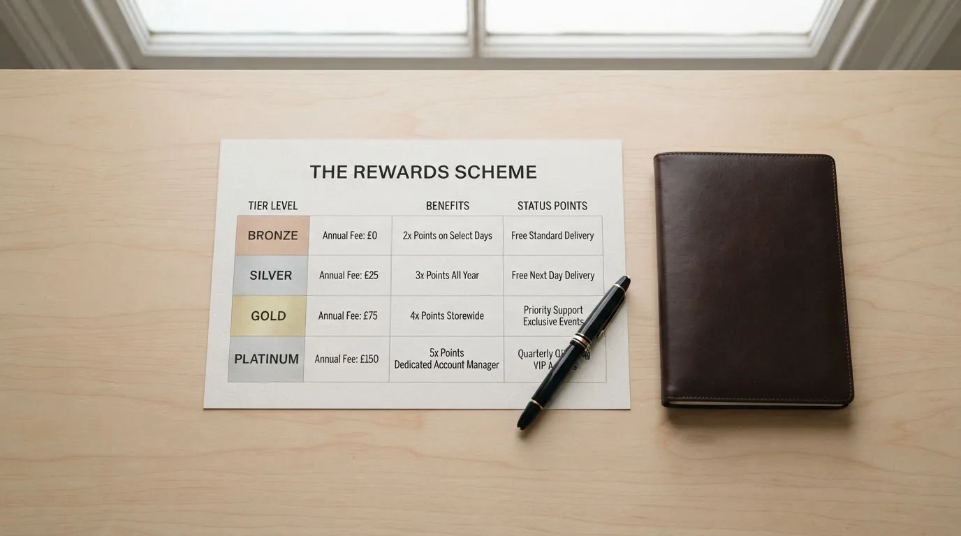 A desk with a printed loyalty-tier chart, a fountain pen, and a closed leather notebook.