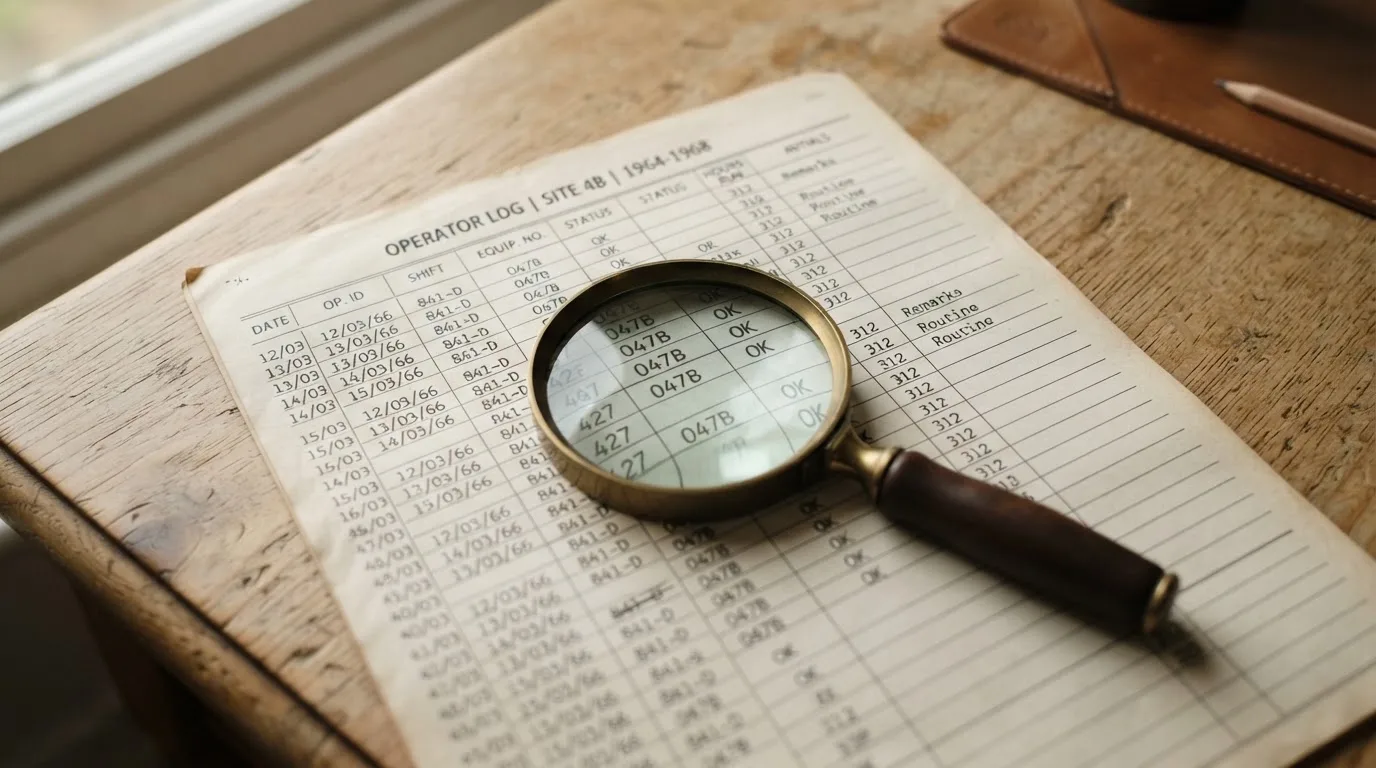 A close-up of a printed operator-register page with a magnifying glass resting over a row of numbers.